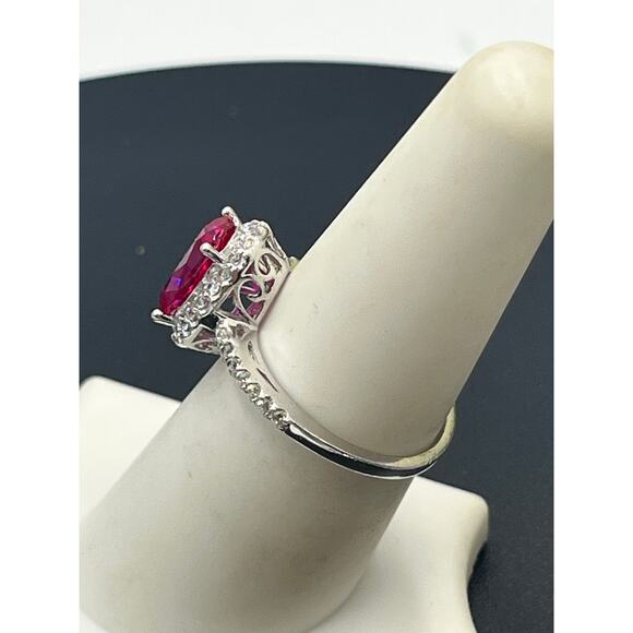 SW 925 CZ Sterling Silver Lab Created Red Ruby and CZ Halo ring Sz 7.5 - Picture 4 of 10